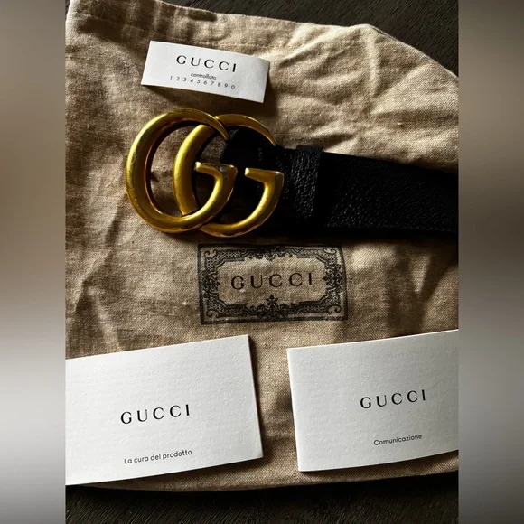 GUCCI GG Marmont belt Size 85/34 leather black gold metal AUTHENTIC